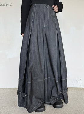 陆与山屿2025年秋冬季多种扣法明线廓形牛仔裤黑色百搭休闲长裤子