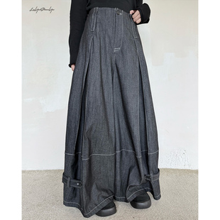 陆与山屿2025年秋冬季多种扣法明线廓形牛仔裤黑色百搭休闲长裤子