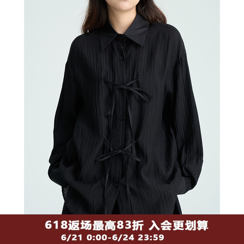 陆与山屿上衣肌理感面料绑带蝴蝶结亚麻衬衫女暗黑色长袖衬衣外套