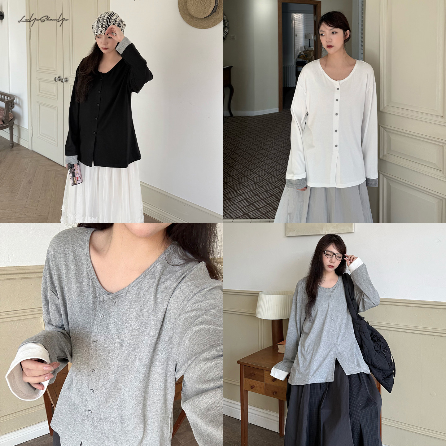 陆与山屿【织梦】撞色袖口设计开叉纽扣装饰圆领打底T恤内搭,女装/女士精品,T恤,淘宝优惠券,粉丝福利购,淘宝优惠卷