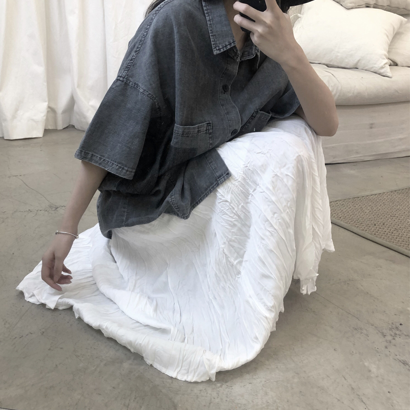 陆与山屿高腰松紧规则半身裙夏季女士中长款黑白色百褶网纱裙子
