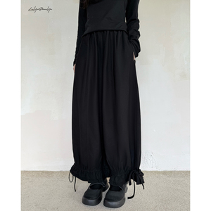 陆与山屿秋冬季下摆蝴蝶结抽绳绑带磨毛长裤黑色休闲裤女士阔腿裤