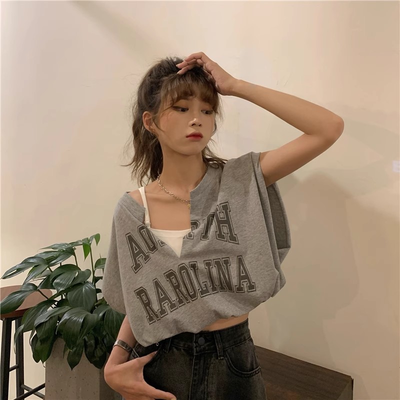 假两件t恤女夏装2024新款无袖坎肩高腰短款露肚脐宽松上衣外穿潮