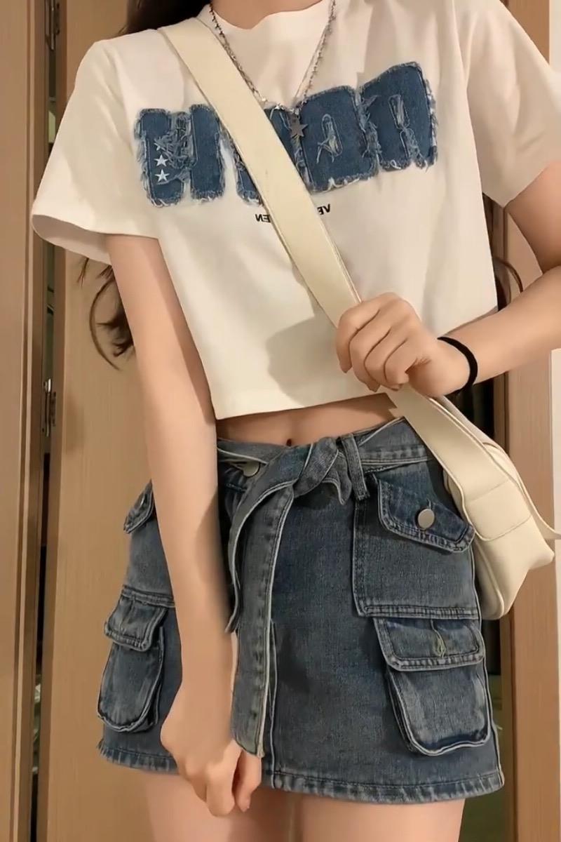 美式印花短袖t恤夏女装纯棉ins潮女式高腰显瘦短款露肚脐半袖体恤