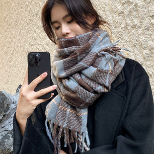 围巾女士秋冬季时尚经典格纹撞色围巾护颈保暖百搭披肩护肩两用
