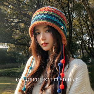 帽子女秋冬季彩色手钩流苏针织帽高级感时尚百搭设计风保暖套头帽