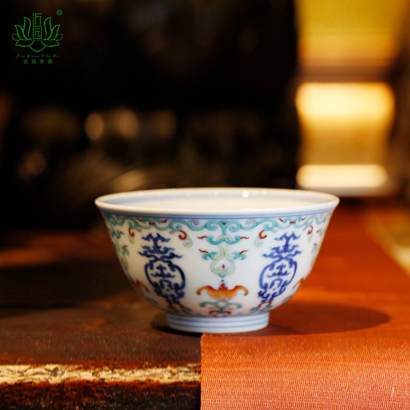 青花斗彩福寿功夫茶杯蝙蝠寿桃主人杯手绘景德镇陶瓷茶具慕胤堂
