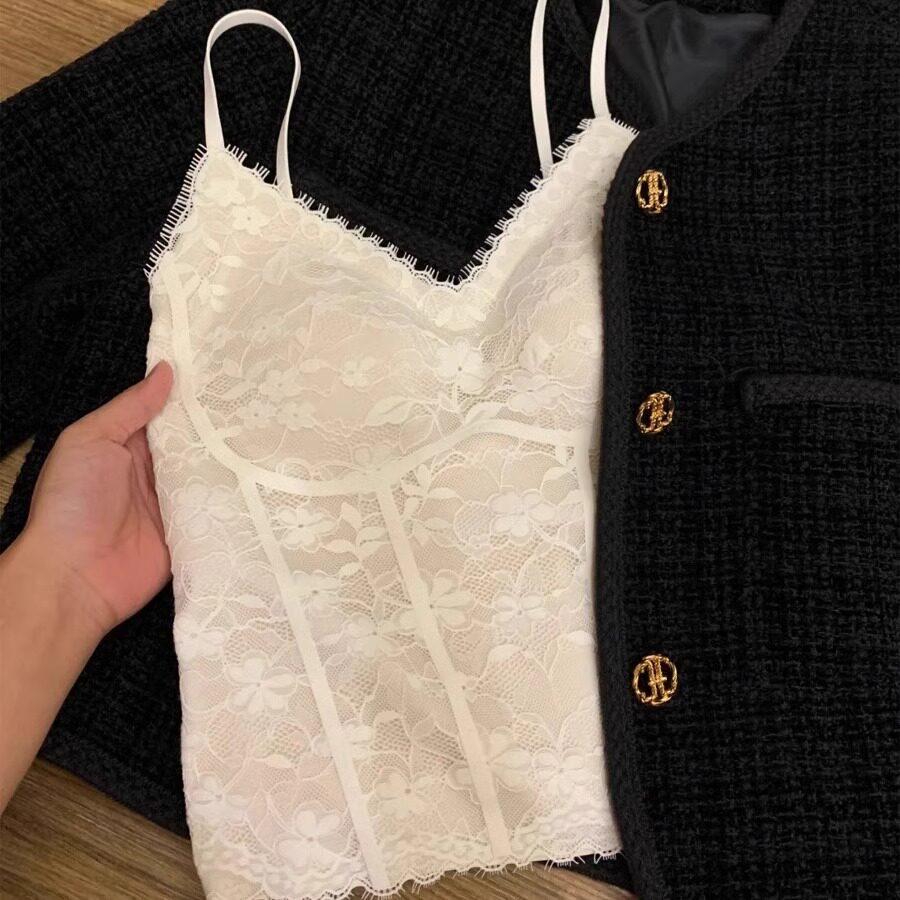 性感蕾丝保暖背心带胸垫一体式内衣塑身美背吊带胸衣女士早春加绒