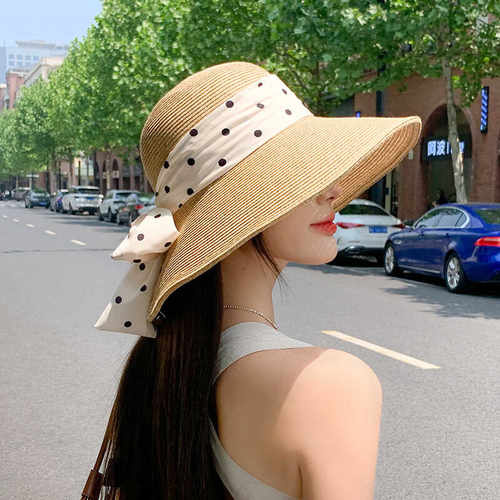 法式赫本风波点蝴蝶草帽女夏季大檐遮阳草编可折叠沙滩度假渔夫帽