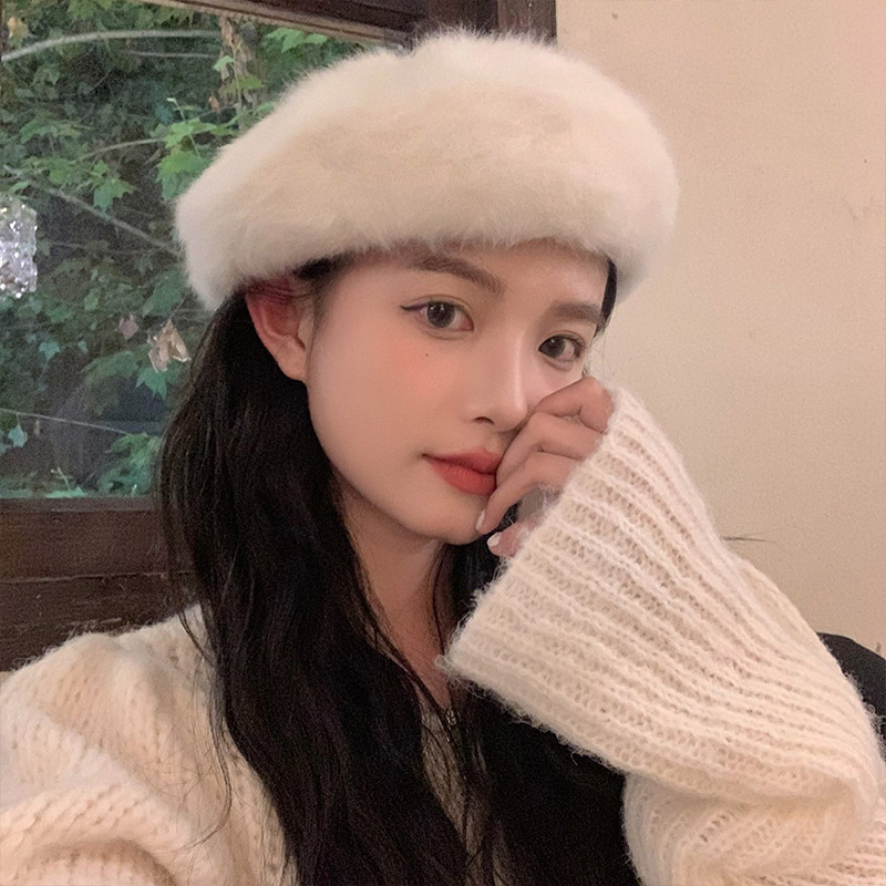 韩系2024新款白色兔毛贝雷帽