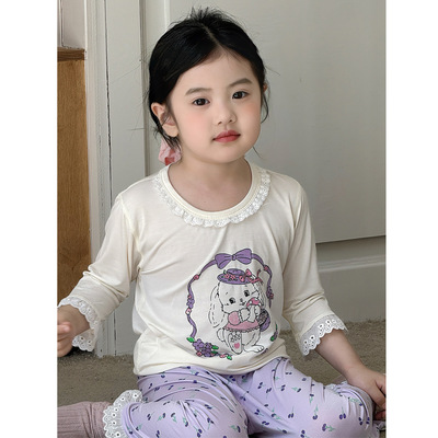 夏季50支优可丝七分袖套装男童女童家居服睡衣A类薄莫代尔空调服