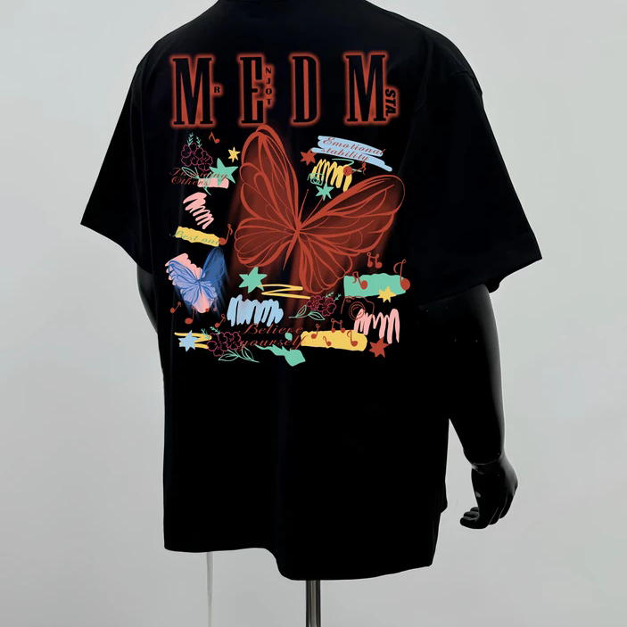 STA.MEDM美式潮牌夏季男女款学生国潮体恤蝴蝶字母烫印短袖情侣潮