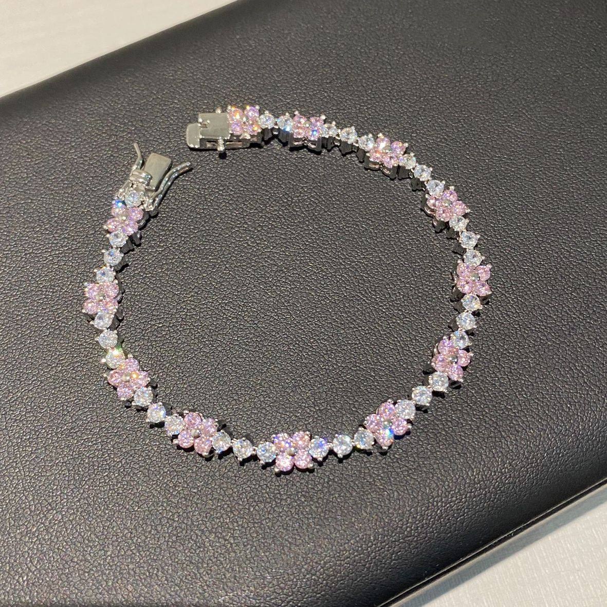 设计师款 独家 精工仿真满钻花朵pt950纯银电镀白金 浅粉钻手链