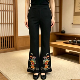 春秋民族风刺绣花微喇裤女黑色高腰显瘦百搭复古女裤