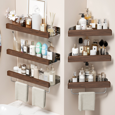 胡桃木不锈钢免打孔浴室置物架