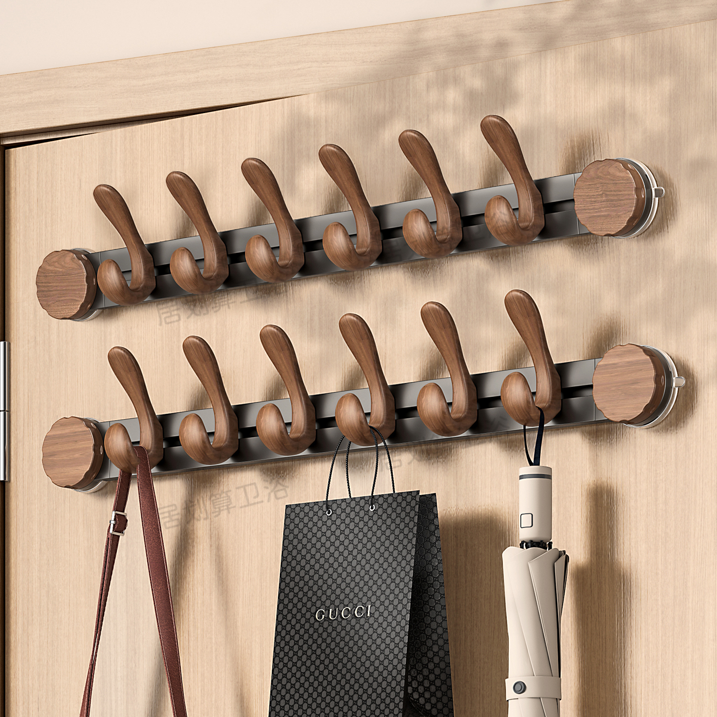 吸盘门胡桃木纹收纳挂钩免打孔