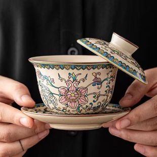 网红悬停三才盖碗汝窑开片多彩缠枝莲茶杯高档茶具茶碗家用泡茶碗
