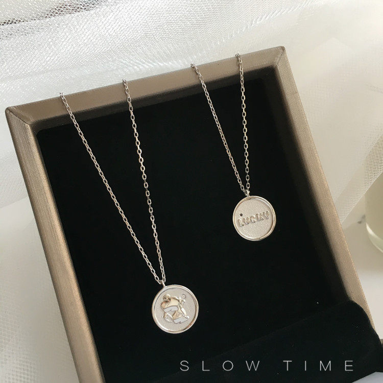 lucky米老鼠圆牌s925纯银项链圆形双面设计生肖鼠锁骨链小众礼物