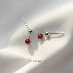 简约百搭~s925纯银耳钉天然石榴石耳钉银球耳坠小清新风秀气耳饰