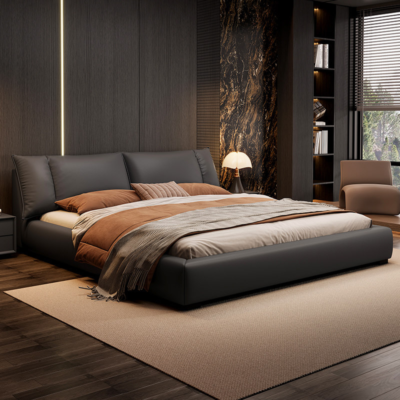 意式轻奢黑色真皮床现代简约主卧储物高箱结婚双人床1.8米软包床