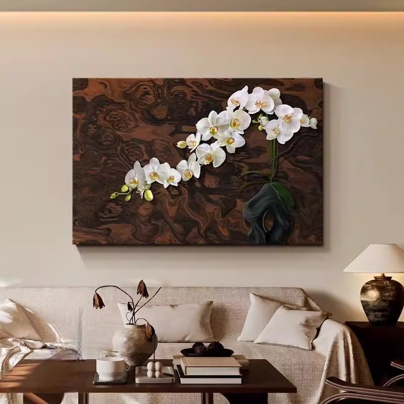 蝴蝶兰中古风横版客厅装饰画复古艺术沙发背景墙挂画法式花卉壁画图片