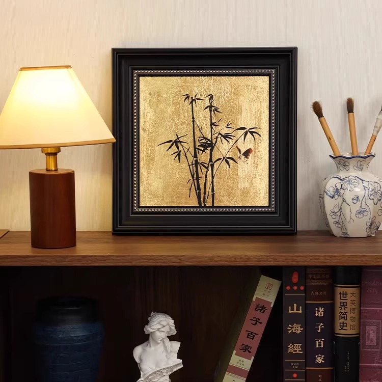 中古风金箔墨竹花鸟复古风客厅装饰画卧室中式斗柜沙发背景墙挂画
