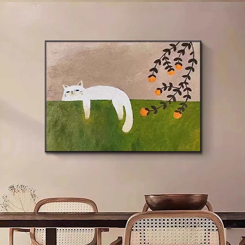 慵懒猫咪客厅装饰画可爱动物治愈系玄关壁画沙发卧室挂画小众艺术图片