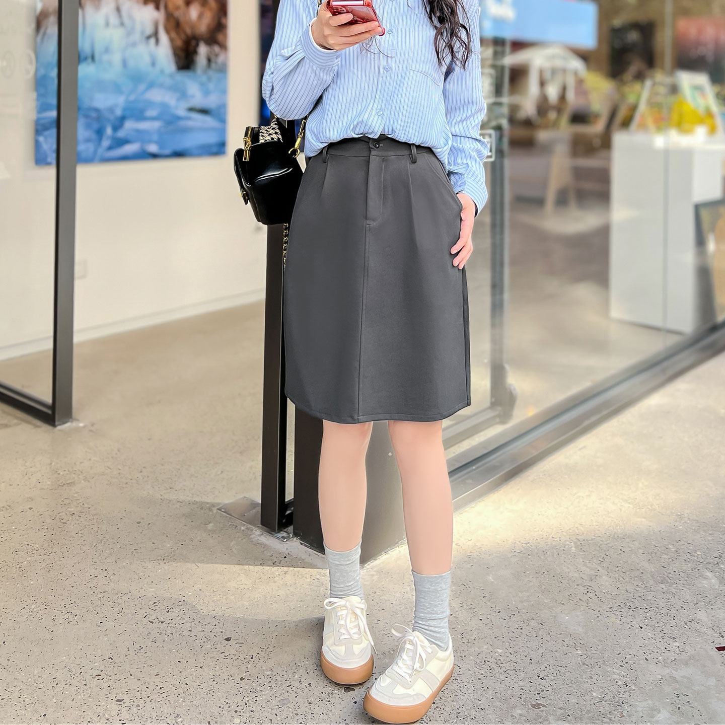 灰色半裙藏肉花苞中裙女春夏遮胯显瘦a字裙简约通勤小个子半身裙