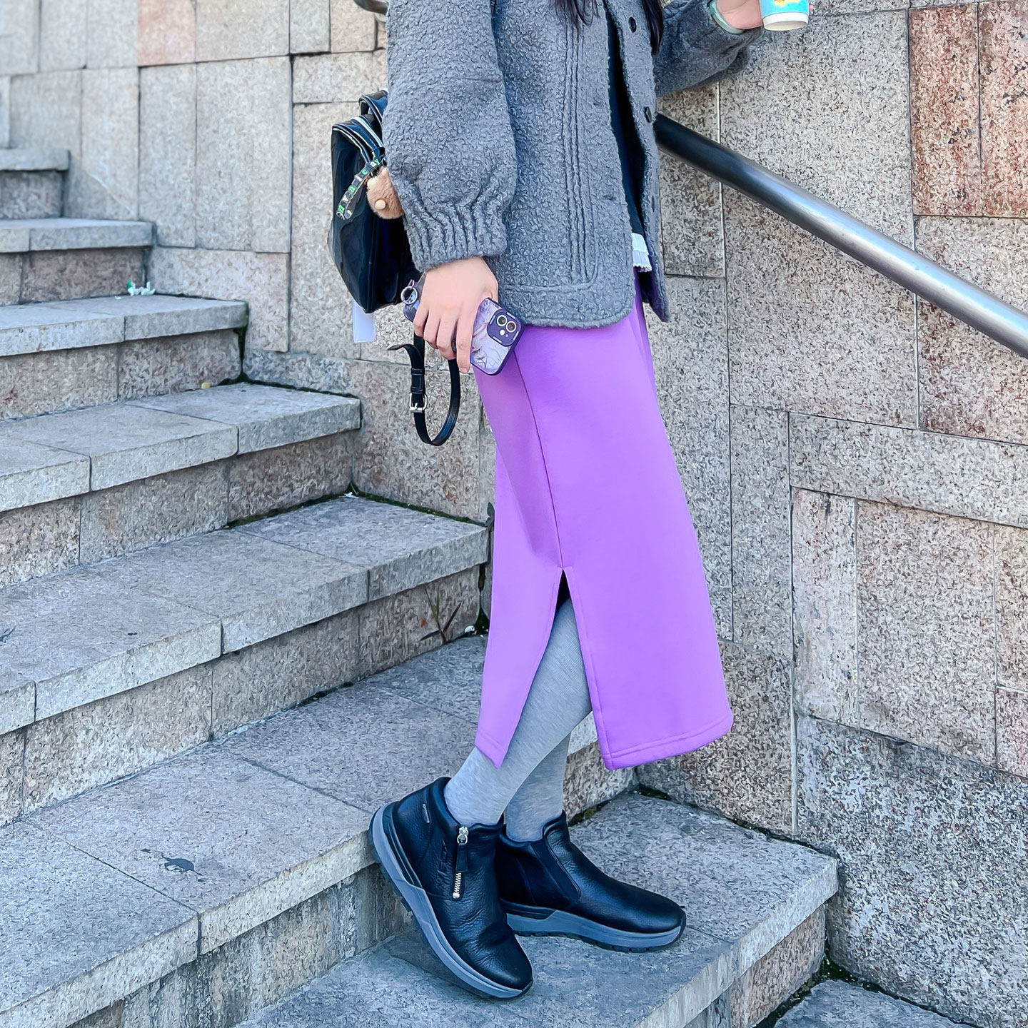 紫色加绒半身裙女秋冬中长款高腰侧开叉简约版型宽松大码直筒半裙