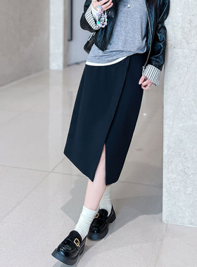 藏青色半身裙女春秋2025新款中长款高腰开叉显瘦百搭不规则a字裙