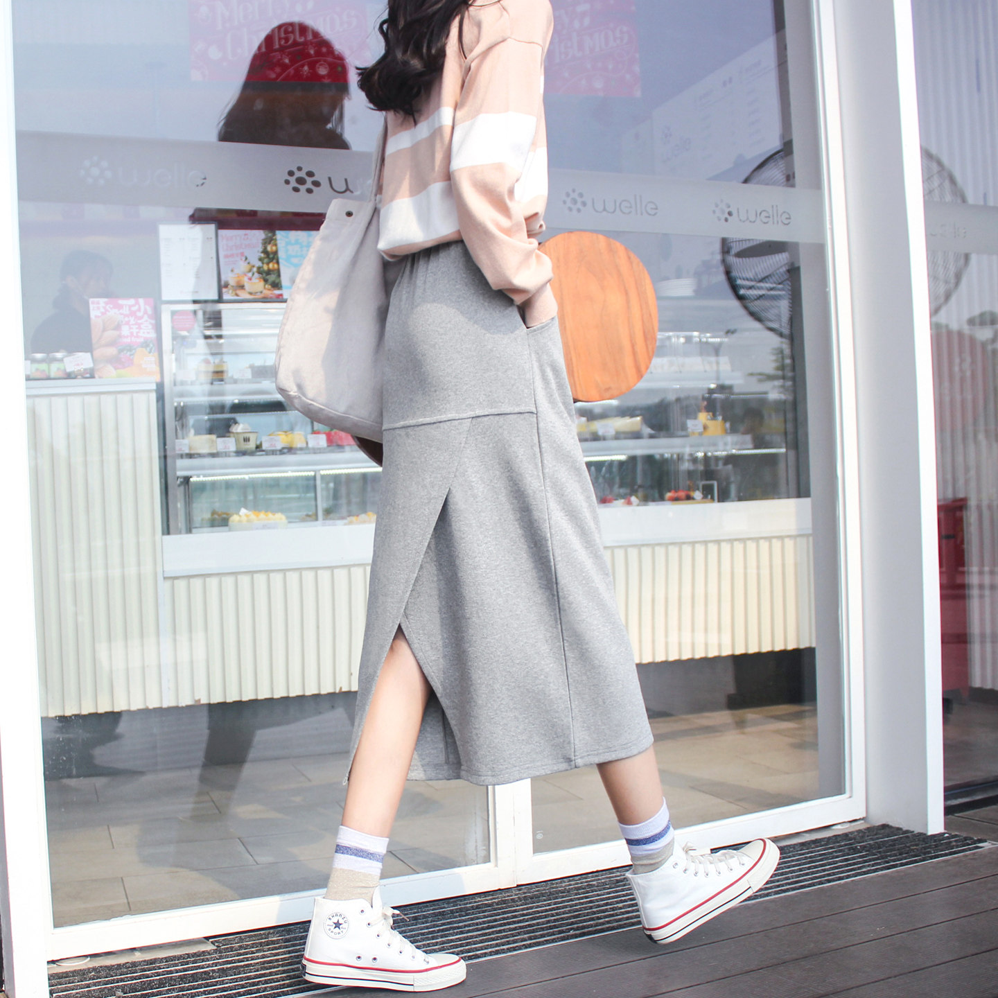 开叉半身裙女春秋中长款高腰遮腿显瘦百搭宽松大码口袋休闲直筒裙