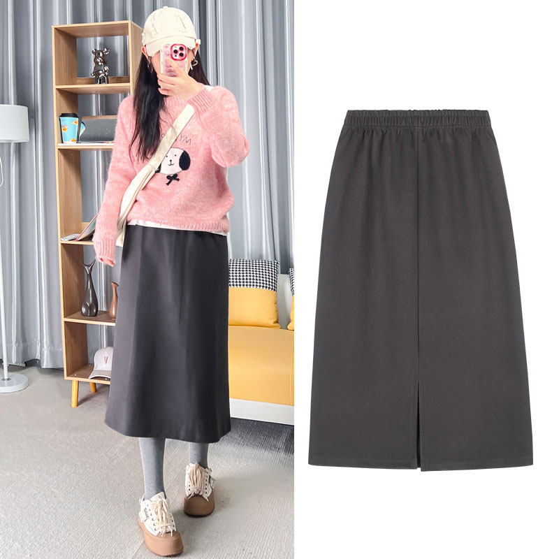 深灰色半身裙春秋女中长款高腰开叉宽松大码显瘦百搭遮腿直筒长裙