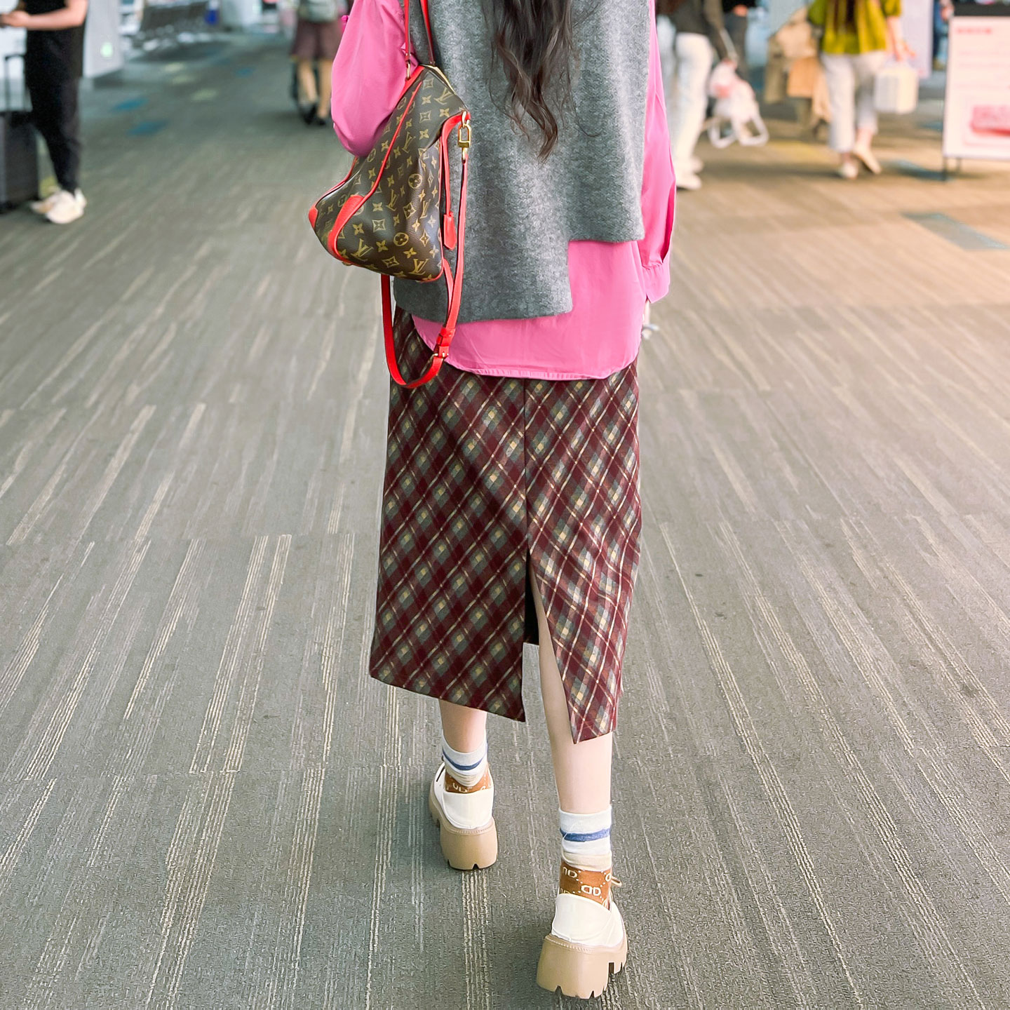 红格子半身裙女秋冬复古呢子长裙