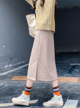 燕麦色半身裙女秋冬中长款高腰开叉显瘦大码毛呢复古不露腿直筒裙