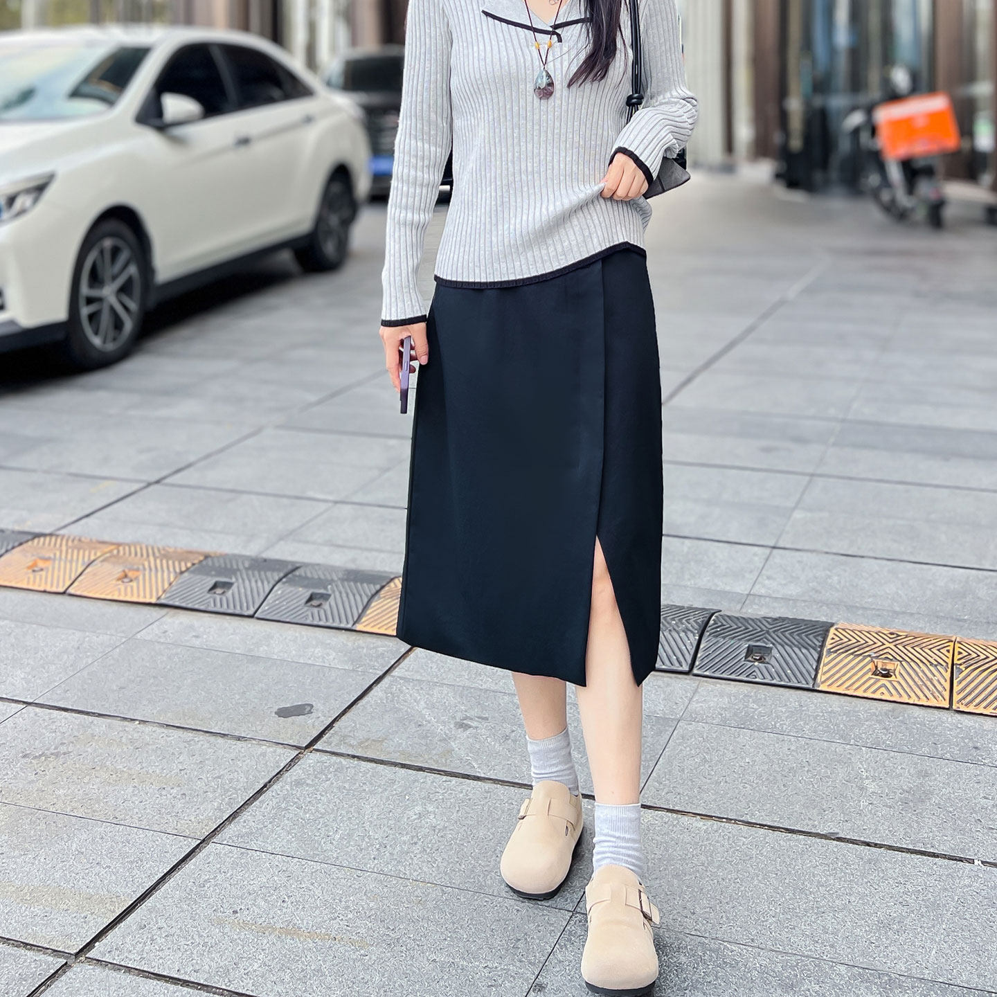 藏青色半身裙女春夏新款中长款高腰开叉遮胯显瘦百搭不规则a字裙