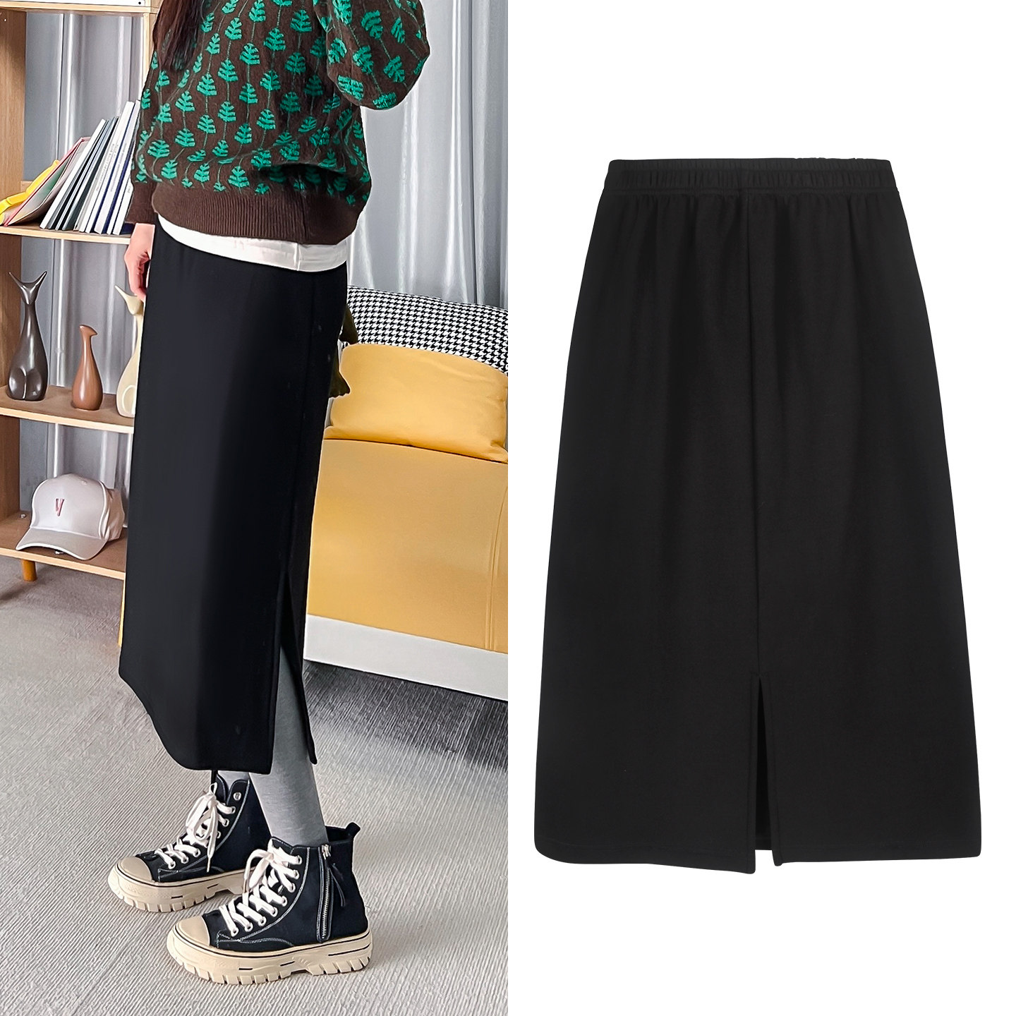 半身裙女秋冬加绒中长款高腰开叉直筒裙宽松大码显瘦百搭休闲长裙