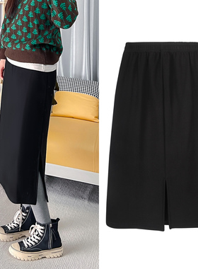 半身裙女秋冬加绒中长款高腰开叉直筒裙宽松大码显瘦百搭休闲长裙