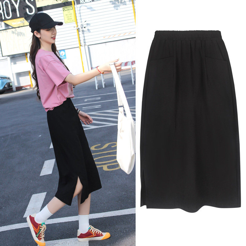 黑色半身裙女夏中长款高腰开叉口袋松紧腰宽松大码休闲百搭直筒裙