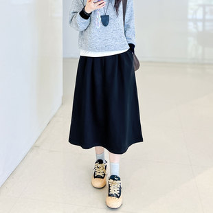 黑色半身裙女春秋显瘦遮胯中长款高腰复古休闲宽松插袋大码a字裙
