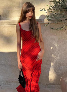法式小众Real红色波点鱼尾长裙性感修身包臀度假风吊带连衣裙春夏
