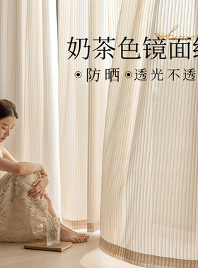 奶茶色镜面纱窗帘透光不透人纱帘飘窗客厅阳台防晒2025新款夏季沙
