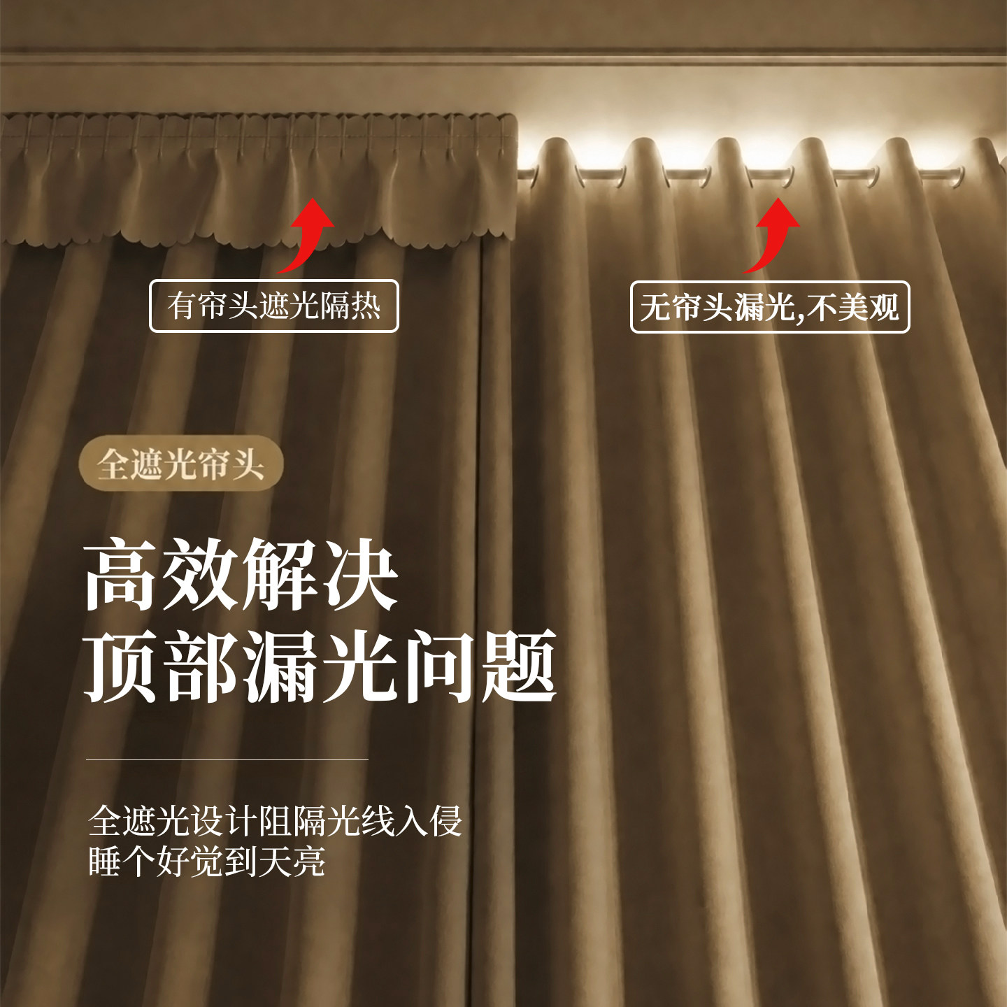 遮光窗帘成品帘头帘幔魔术贴免打孔安装遮阳高效解决窗户顶部漏光