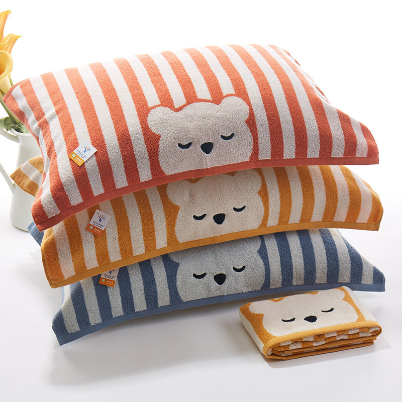金号纯棉厚实单人枕巾床上用品 舒适柔软卡通条纹枕巾一对装