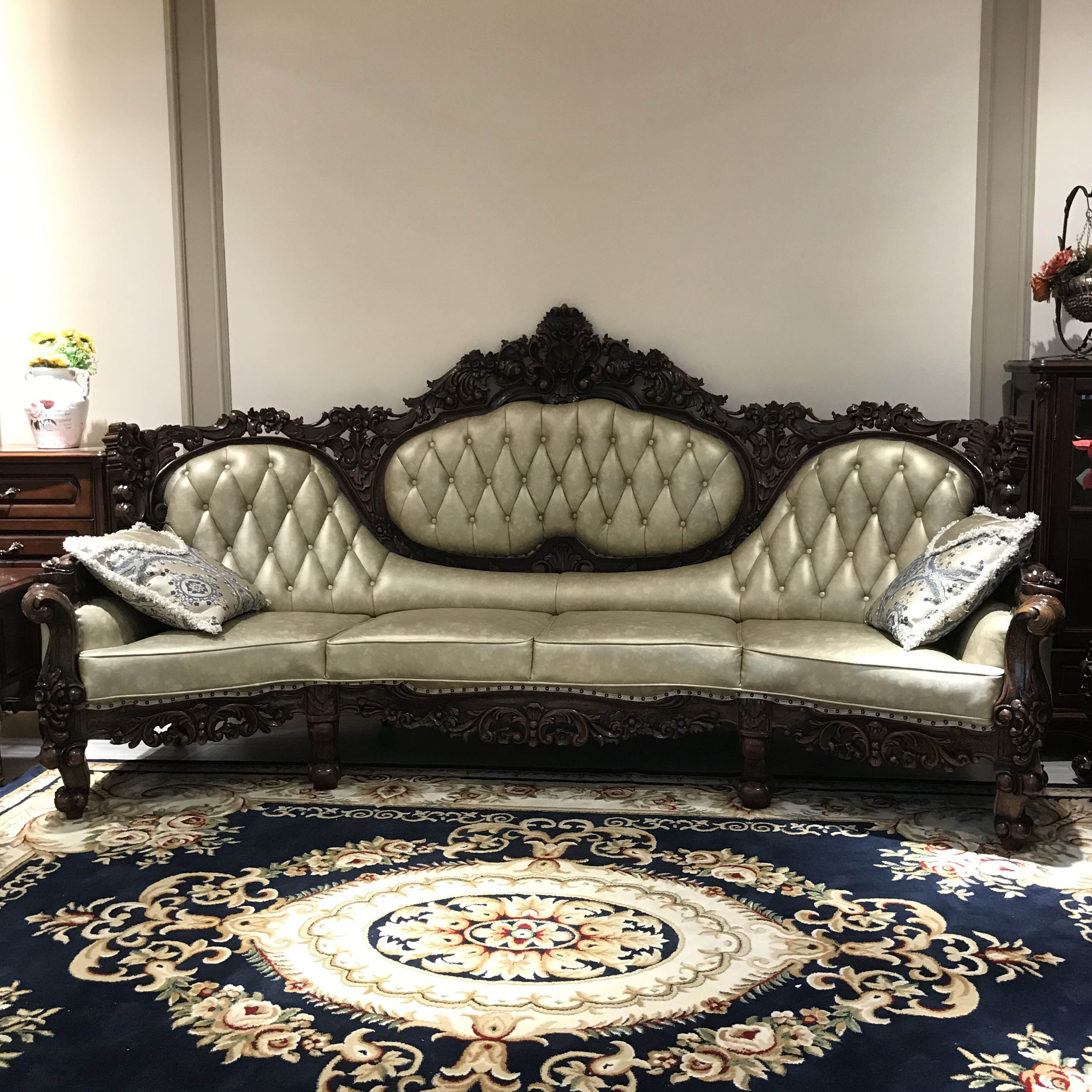 欧式实木客厅豪华沙发头层牛皮进口柚木双面雕花大沙发罗浮宫精品