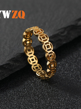 不锈钢饰品 镂空招财铜钱转运食指钛钢戒指 几何个性复古情侣戒指