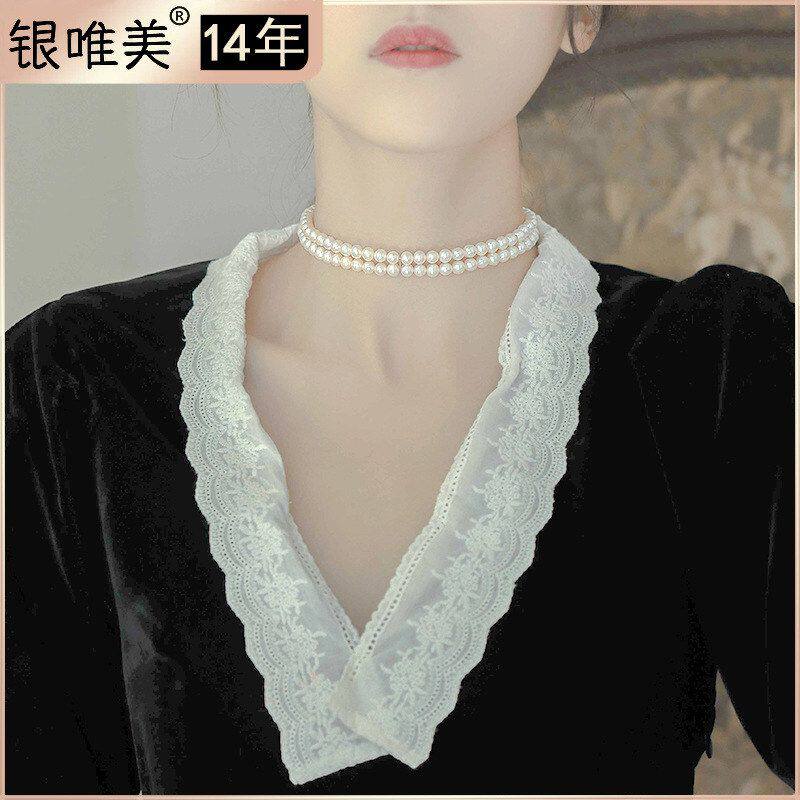 双层项饰925巴洛克贝壳风潮  银链珍珠项链百搭简约网红i锁骨饰品