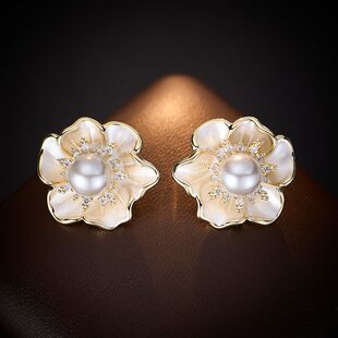 气质法式 高档小众百搭设计感珐琅锆石简约耳环耳钉珍珠山茶花甜美