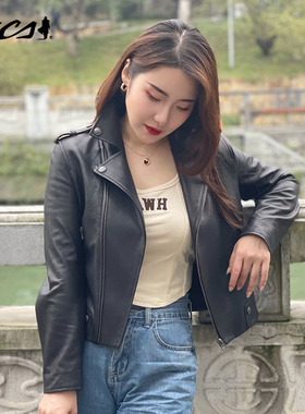 MCS女合身版绵羊皮真皮外套保暖翻领复古羊皮皮衣冬款CW23WJ730W