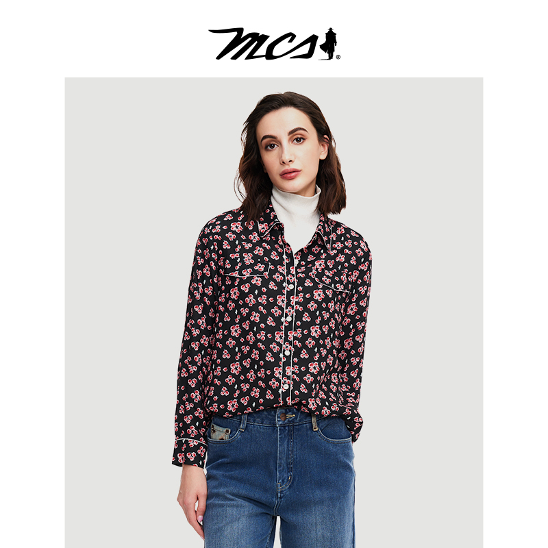 MCS松身版衬衫女士百搭休闲印花美式复古做旧长袖衬衣CW21WH015W