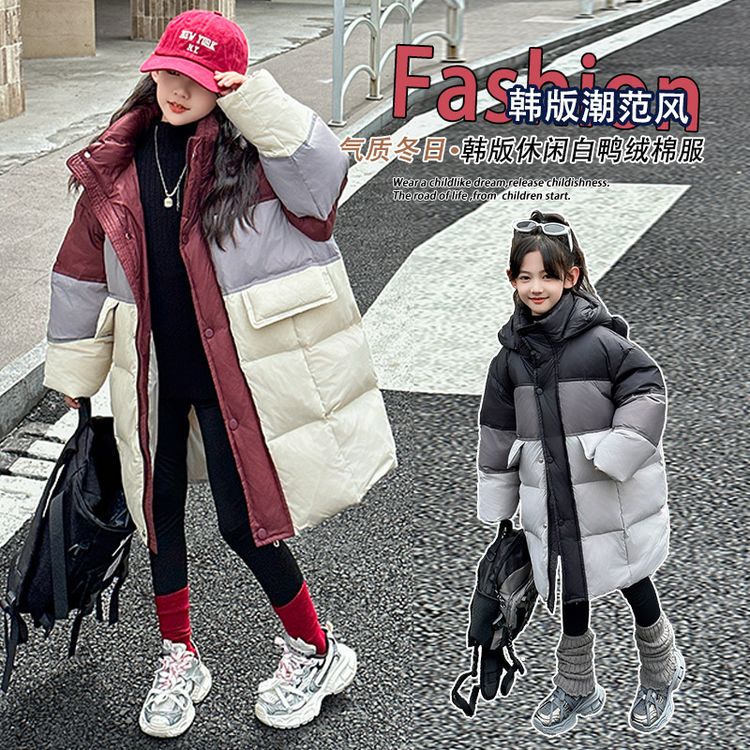 安可拉红中长款新中式儿童女大童羽绒服大衣冬装加厚保暖冬季外套